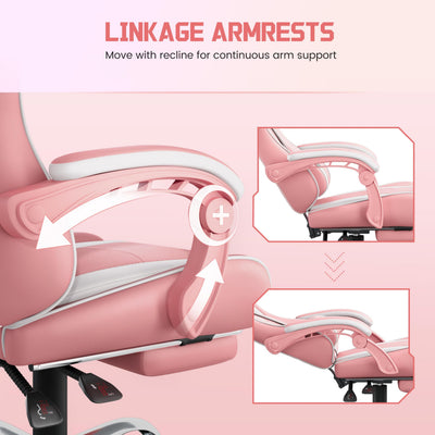 Gaming Chair, Video Game Chair with Massage Lumbar Support and Footrest Height Adjustable Ergonomic Computer Chair with Swivel Seat and Headrest, Pink/White