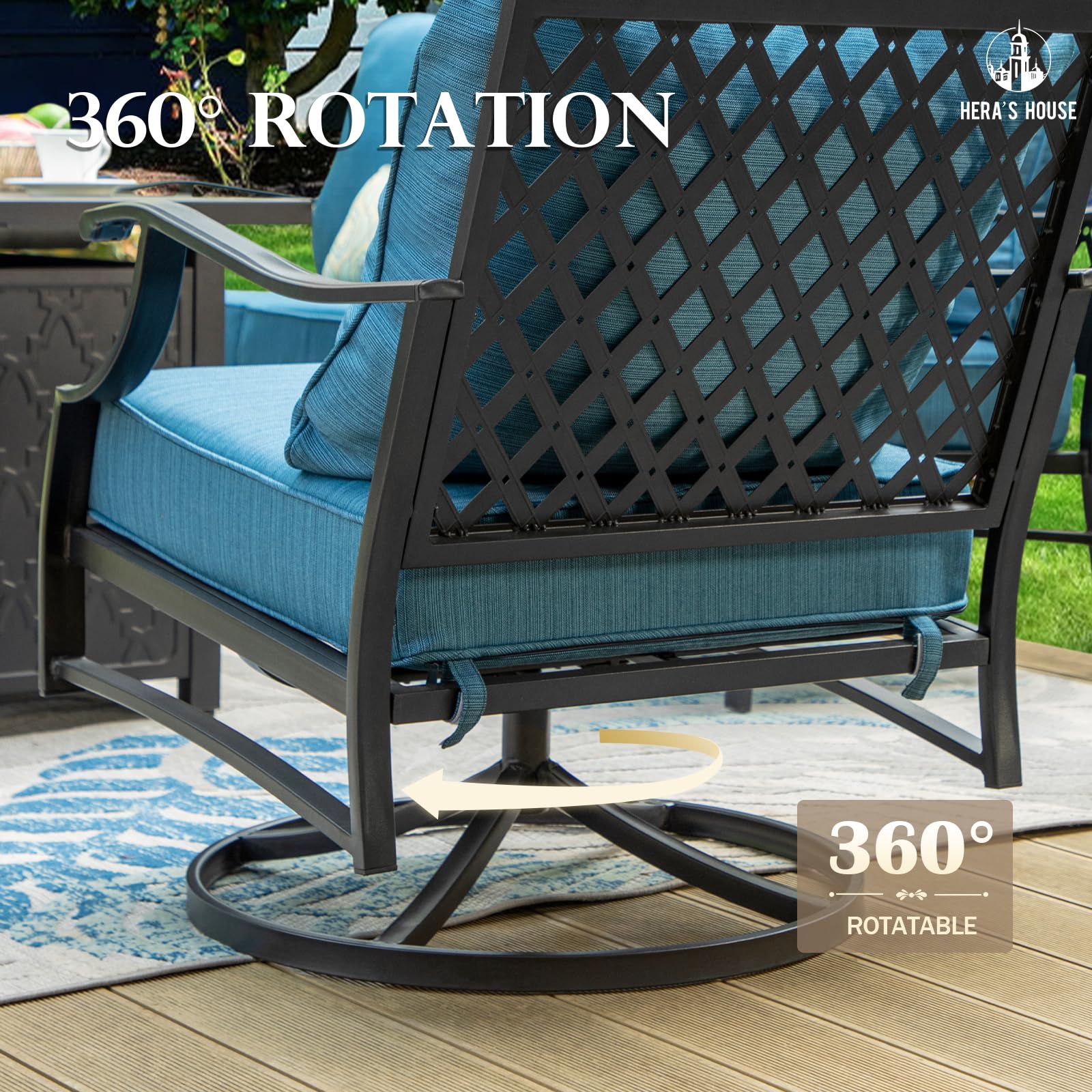 5 Piece Patio Furniture Set, 2 x Swivel Chair, 2 x Ottoman, 1 x 3-Seat Sofa, All Cushioned 7 Seats Metal Outdoor Conversation Set for Lawn Garden Backyard