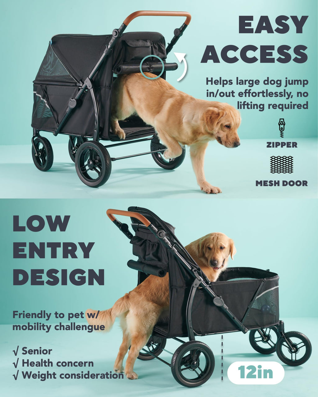 Pet Stroller for Large Dogs up to 110lbs, Large Pet Stroller for Multiple Pets, All-Terrain with Adjustable Handle & Mesh Dual-Window, 1680D Waterproof Oxford Fiber