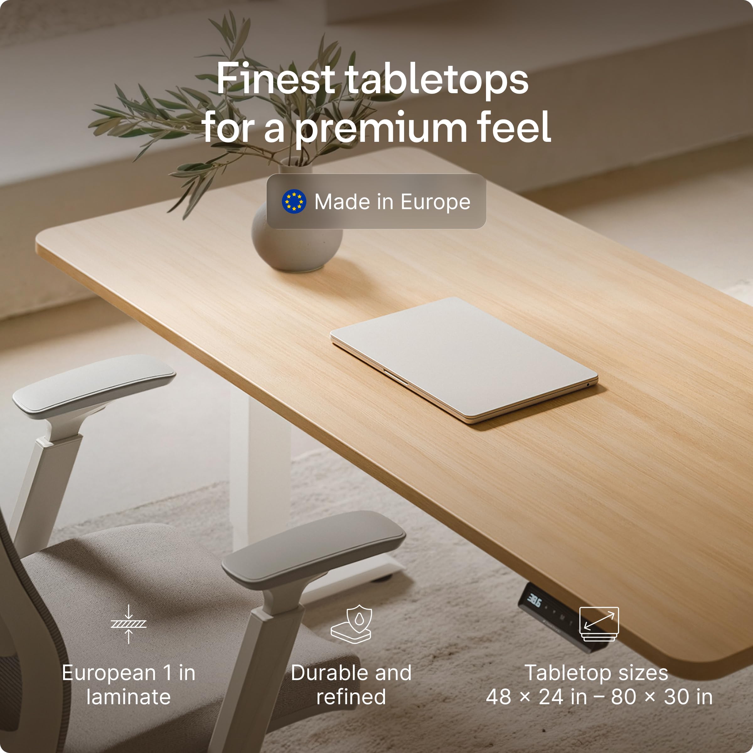 HomePro Standing Desk 54x28 — Made in Europe, Ergonomic Sit Stand Home Office Desk, Electric Height Adjustable, Dual Motor, USB & USB-C Charging, Wobble-Free, Touchscreen, 3 Memory Presets