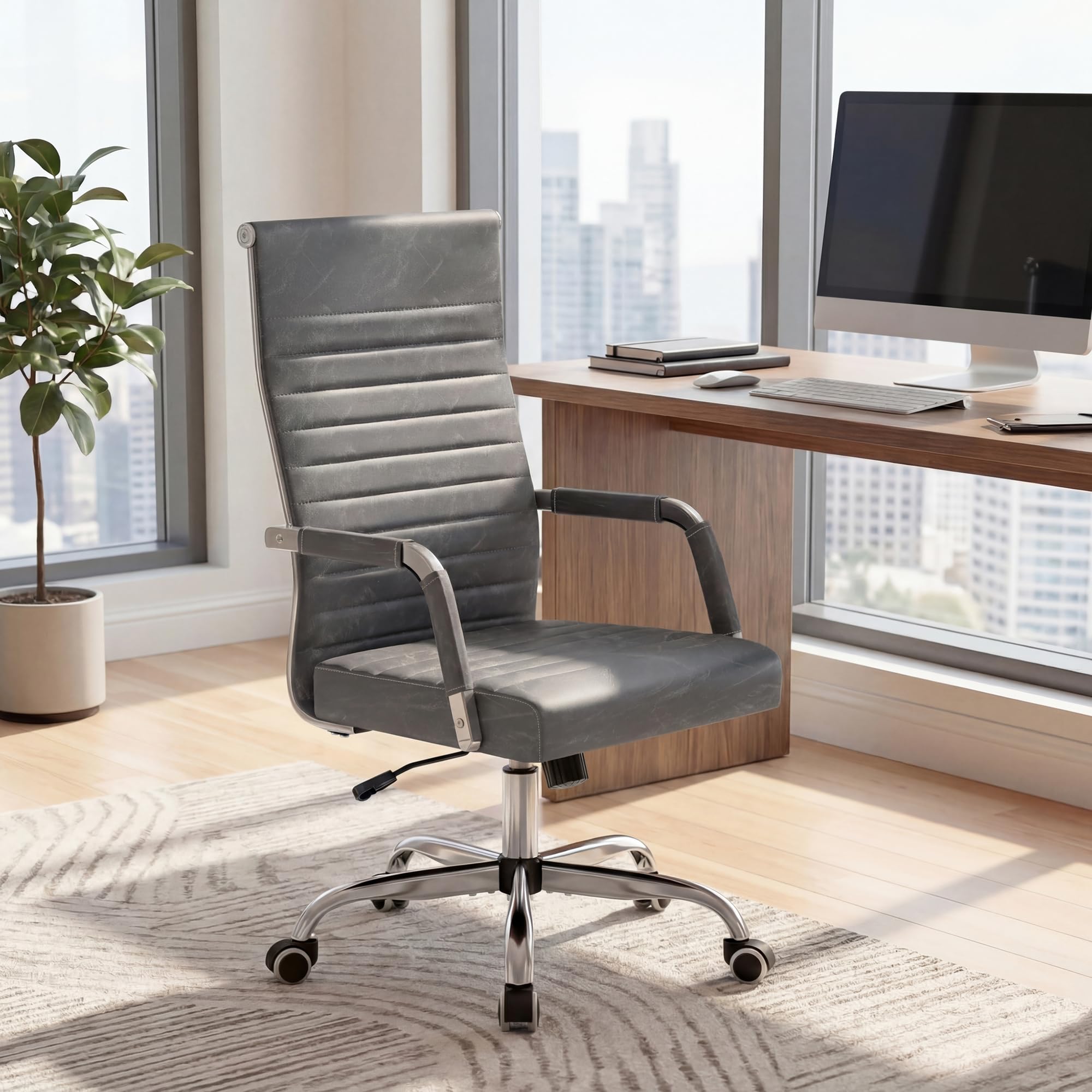 Ergonomic Office Desk Chair, Executive Ribbed Mid-Back PU Leather Conference Room Chair Adjustable Swivel Chair with Arms (2, Bicolor Vintage Grey)