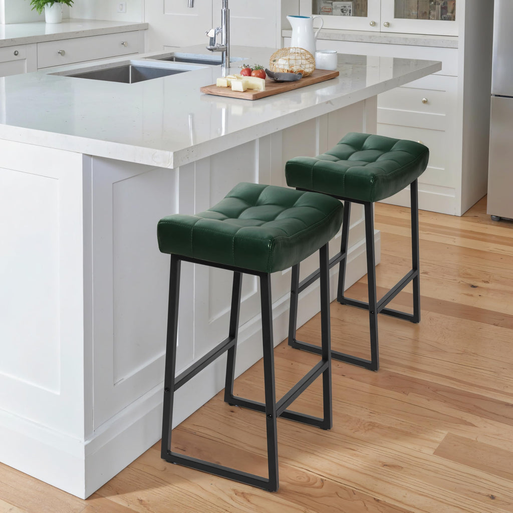 Counter Height Bar Stool for Kitchen Counter Modern Backless Barstool with Upholstered Faux Leather Seat and Metal Frame Industrial 24 inch Bar Chair, Dark Green