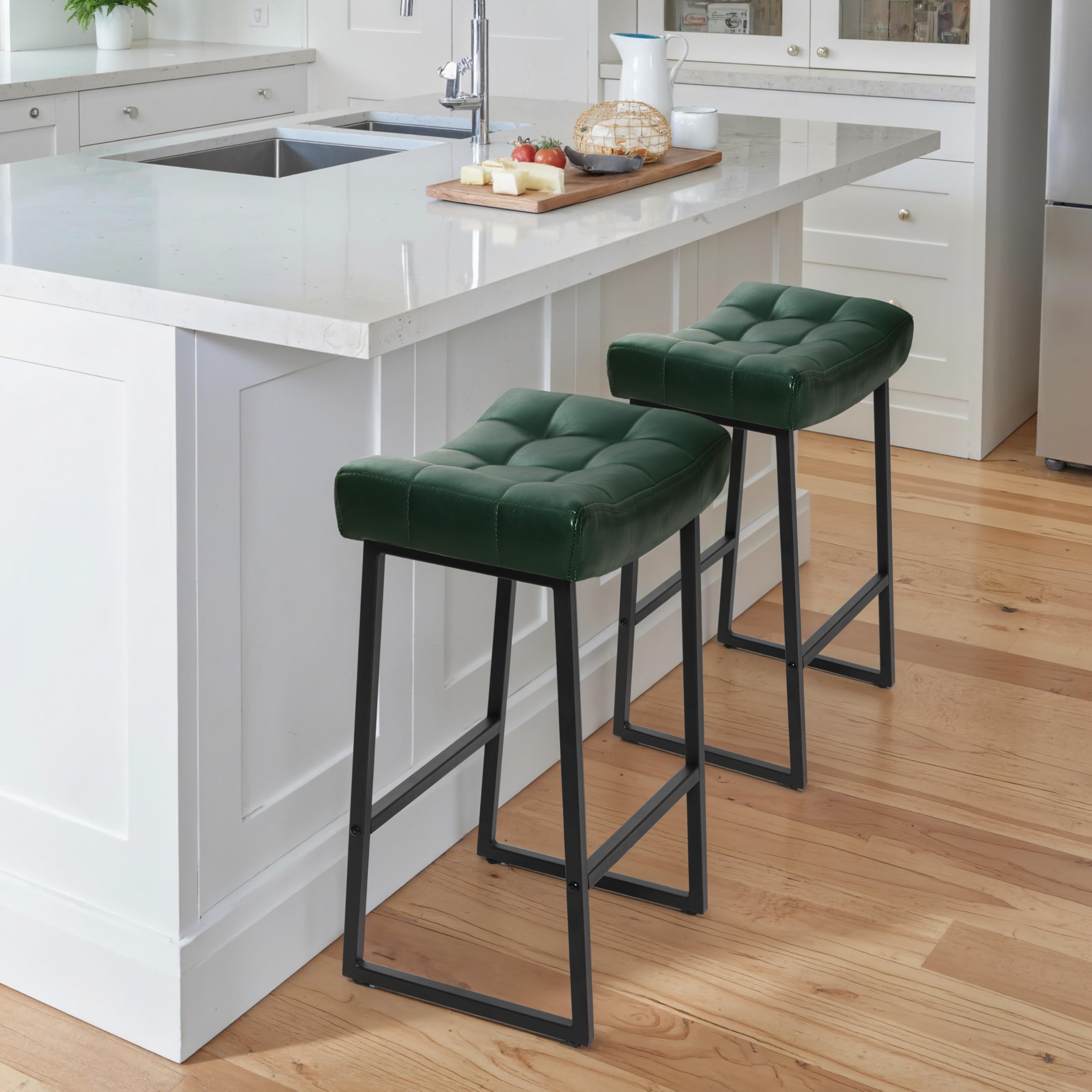 Counter Height Bar Stool for Kitchen Counter Modern Backless Barstool with Upholstered Faux Leather Seat and Metal Frame Industrial 24 inch Bar Chair, Dark Green