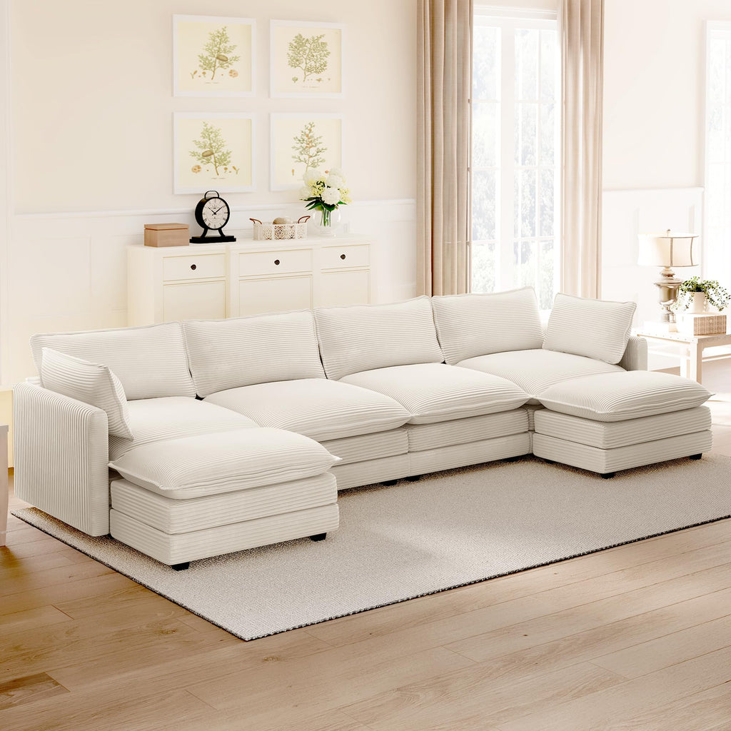 148'' Sectional Cloud Couch with 2 Ottomans, Oversized 4 Seat Sleeper Sofa with 2 Throw Pillows, Convertible Upholstered U Shaped Cozy Sofa Furniture Set for Living Room and Office, Beige
