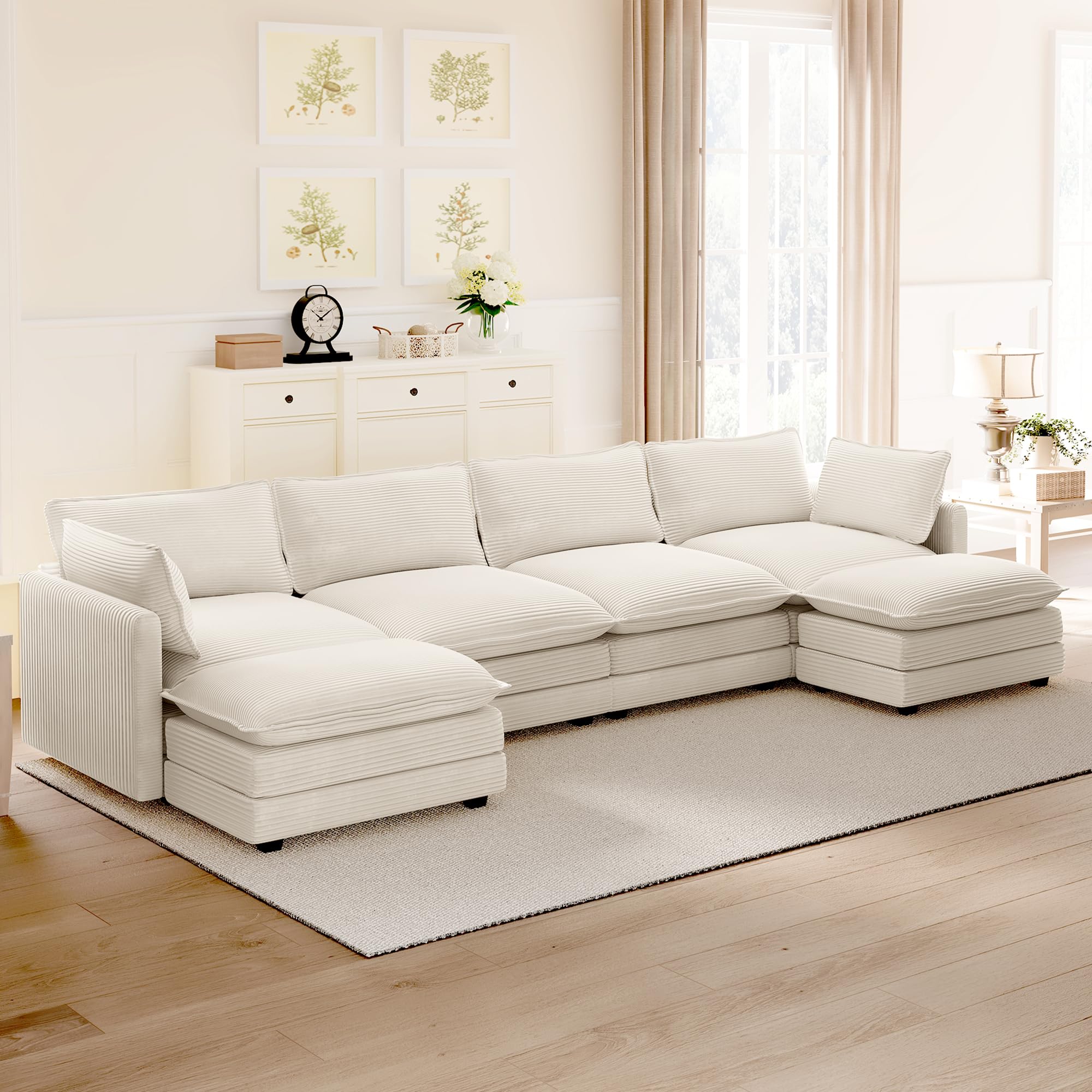 148'' Sectional Cloud Couch with 2 Ottomans, Oversized 4 Seat Sleeper Sofa with 2 Throw Pillows, Convertible Upholstered U Shaped Cozy Sofa Furniture Set for Living Room and Office, Beige