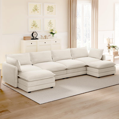 148'' Sectional Cloud Couch with 2 Ottomans, Oversized 4 Seat Sleeper Sofa with 2 Throw Pillows, Convertible Upholstered U Shaped Cozy Sofa Furniture Set for Living Room and Office, Beige