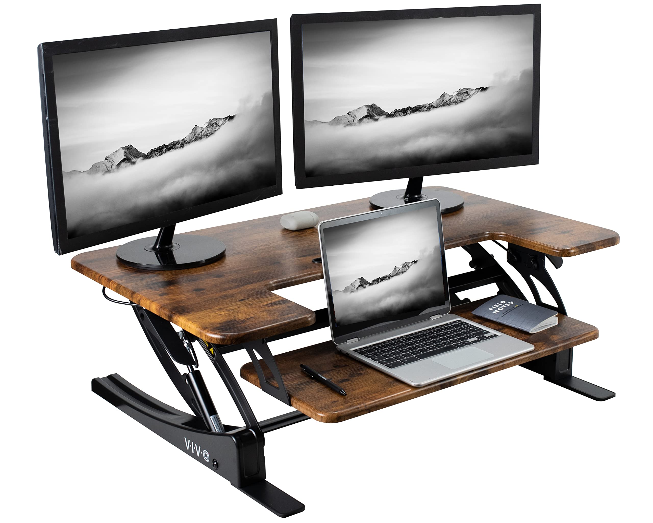 36 inch Height Adjustable Stand Up Desk Converter, V Series, Quick Sit to Stand Tabletop Dual Monitor Riser Workstation, Rustic Vintage Brown Top, Black Frame, DESK-V000VN