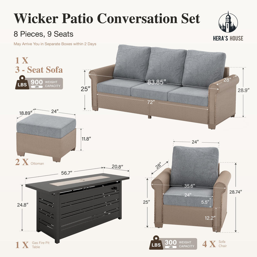 8-Piece Patio Furniture Set, All Weather 9 Seats Outdoor Wicker Sofa with Ottomans, Rattan Patio Conversation Set with 5.5" Cushions and 57" Fire Pit Table, Grey