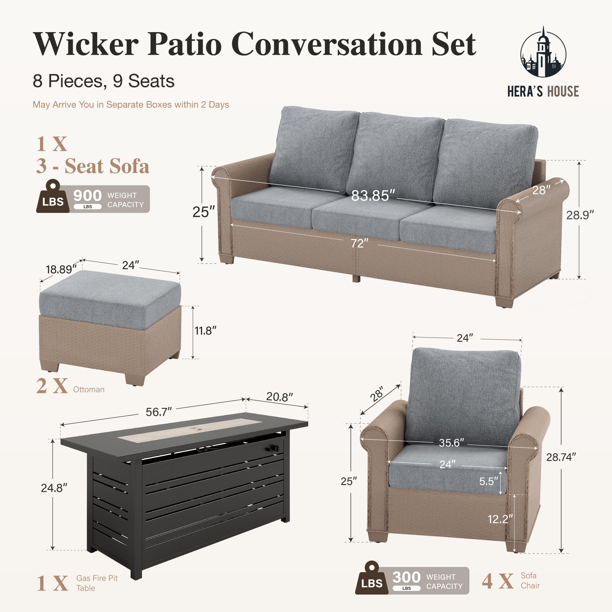 8-Piece Patio Furniture Set, All Weather 9 Seats Outdoor Wicker Sofa with Ottomans, Rattan Patio Conversation Set with 5.5" Cushions and 57" Fire Pit Table, Grey