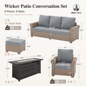 8-Piece Patio Furniture Set, All Weather 9 Seats Outdoor Wicker Sofa with Ottomans, Rattan Patio Conversation Set with 5.5