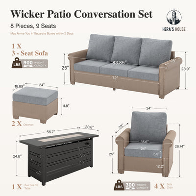8-Piece Patio Furniture Set, All Weather 9 Seats Outdoor Wicker Sofa with Ottomans, Rattan Patio Conversation Set with 5.5