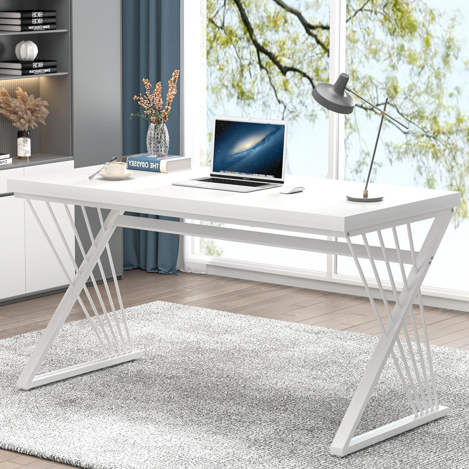 Modern White Desk, Rustic Wood and Metal Computer Desk for Home Office, Simple Writing Work PC Desks for Bedroom, Industrial Study Gaming Table for Living Room, White, 53 Inch