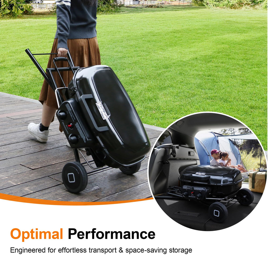 Portable Propane Gas Grill with Folding Cart and Push-Button Ignition, Standup Design for Camping, Tailgating, Backyard BBQ, Patio, Outdoor Cooking (Black)