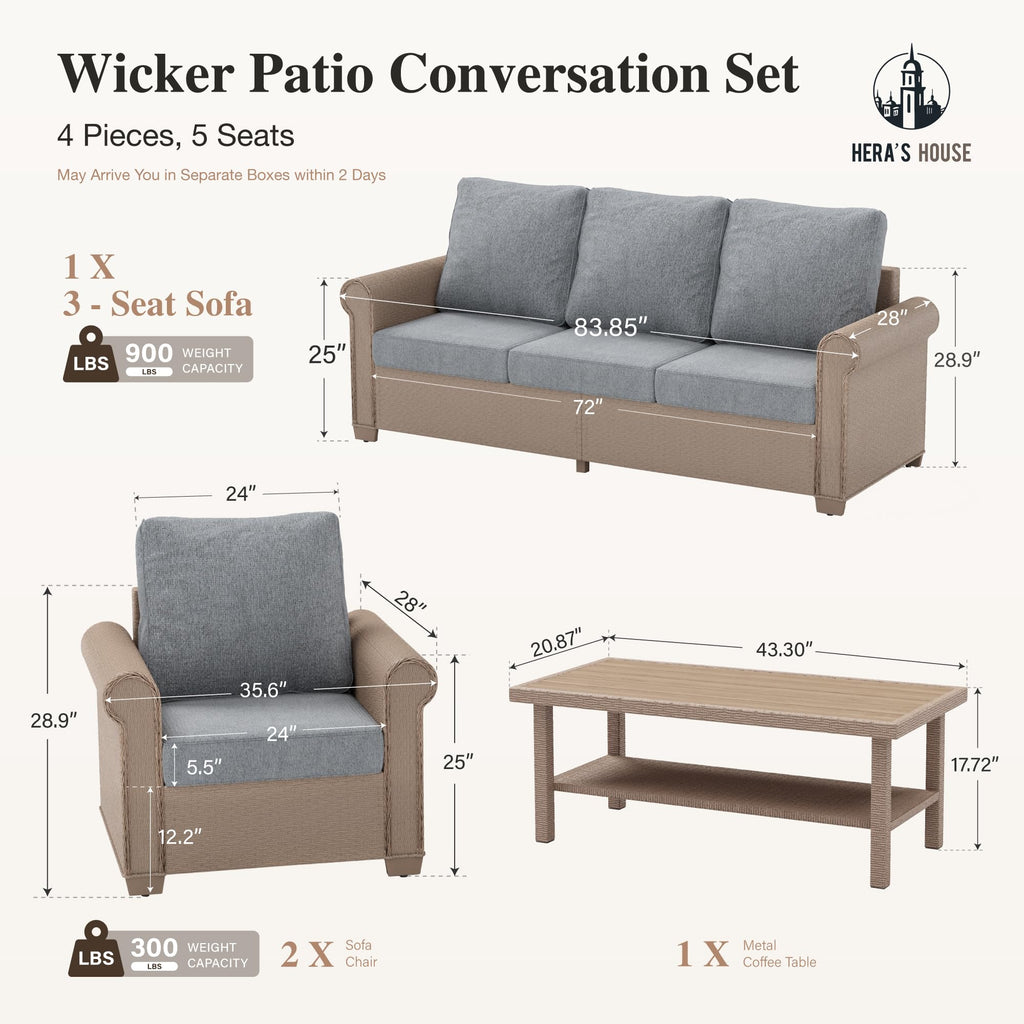 4 Pieces Patio Furniture Set, All Weather 5 Seats Outdoor Wicker Sofa with 44" Coffee Table, 5.5" Thick Waterproof Cushion Conversation Couch Set for Garden Deck Backyard, Grey