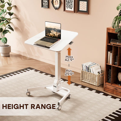 Foldable Mobile Standing Desk, 90 Tiltable Rolling Standing Desk, Height Adjustable Portable Laptop Workstation for Home Office, Easy to Fold, White