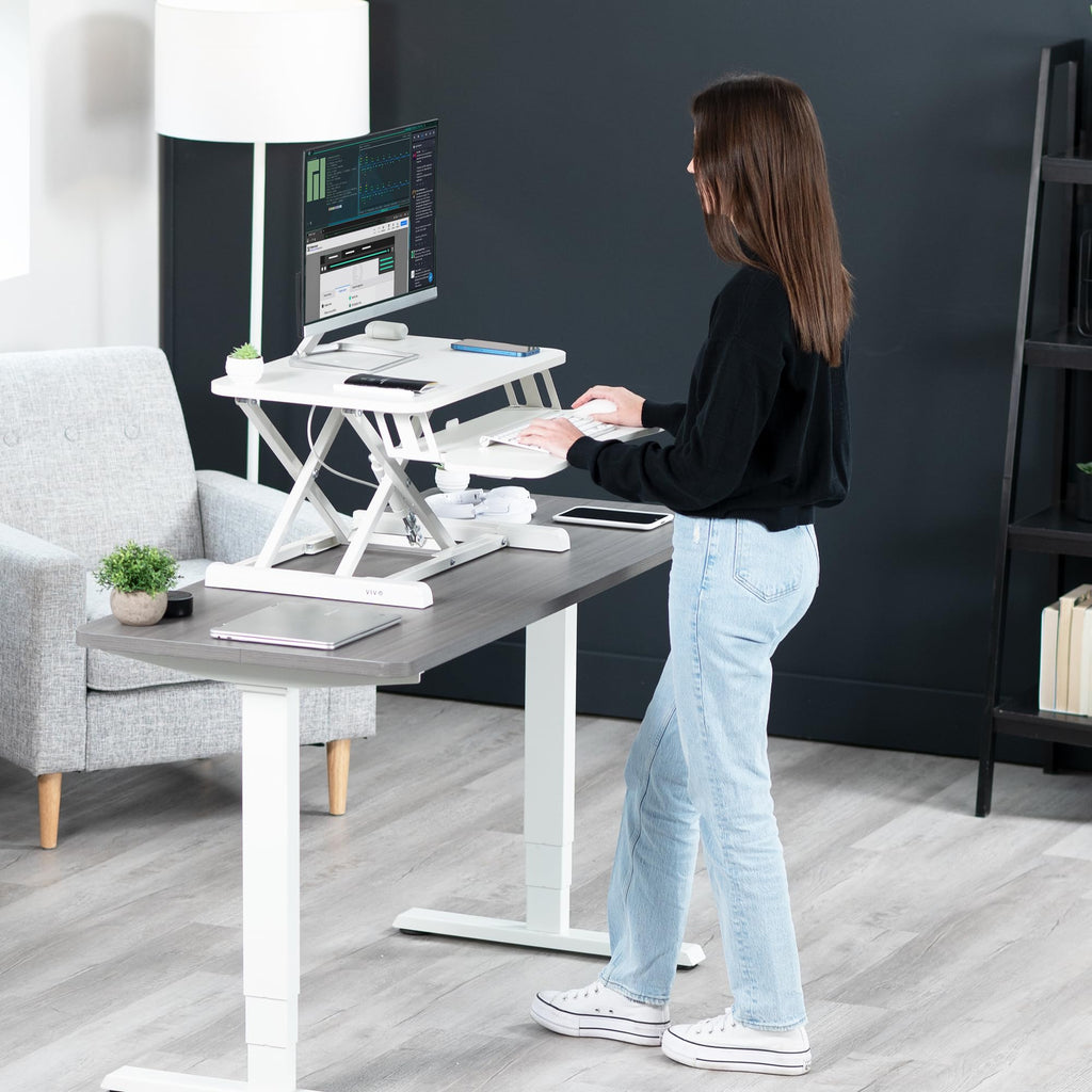 26 inch Desk Converter, K Series, Height Adjustable Sit to Stand Riser, Dual Monitor and Laptop Workstation with Keyboard Tray, White, DESK-V026KW