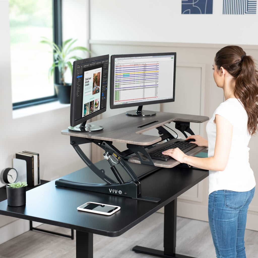 36 inch Height Adjustable Stand Up Desk Converter, V Series, Quick Sit to Stand Tabletop Dual Monitor Riser Workstation, Gray Top, Black Frame, DESK-V000VG