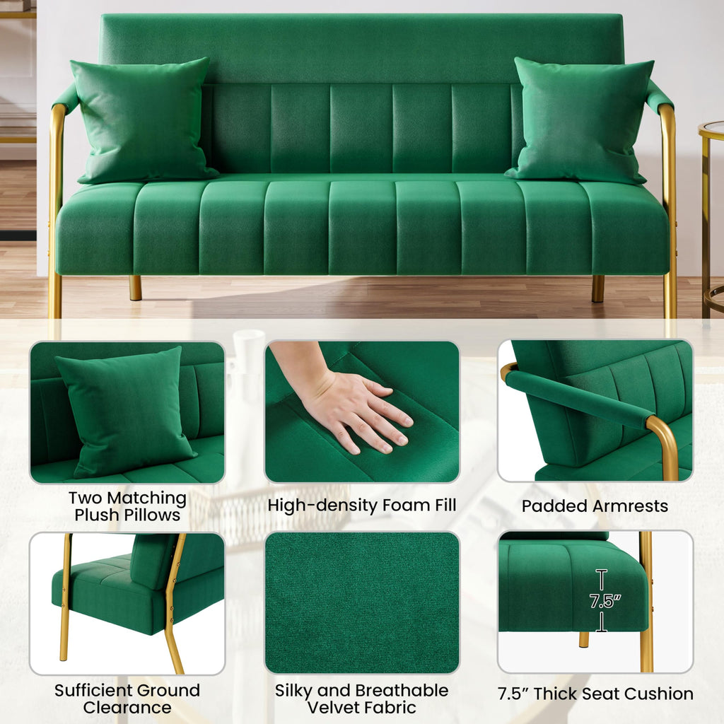 56.5" W Modern Sofa Small Sofa Luxurious Velvet Fabric Couch with Gold-Tone Metal Arms and Legs for Living Room, Home Office, Studio Green