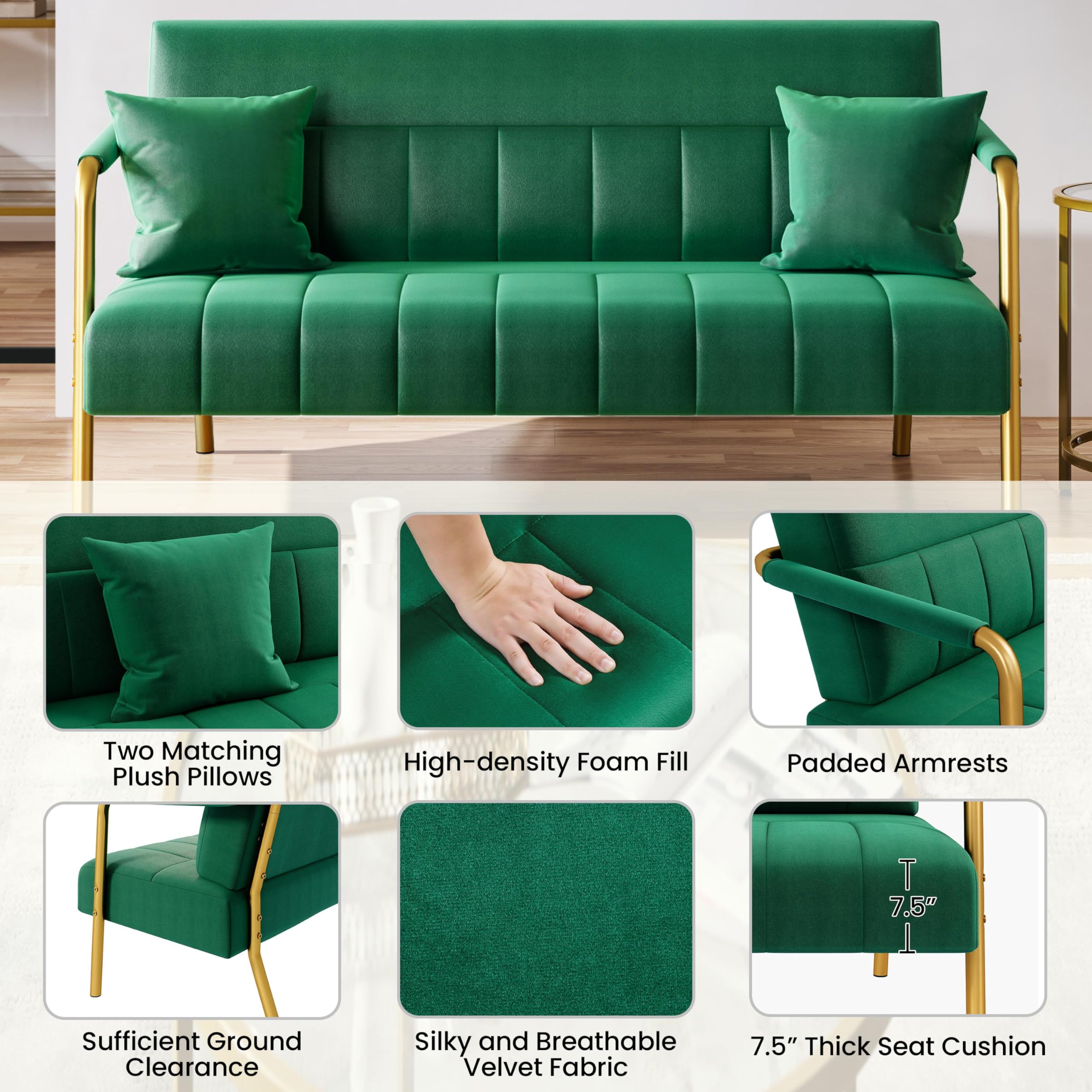 56.5" W Modern Sofa Small Sofa Luxurious Velvet Fabric Couch with Gold-Tone Metal Arms and Legs for Living Room, Home Office, Studio Green