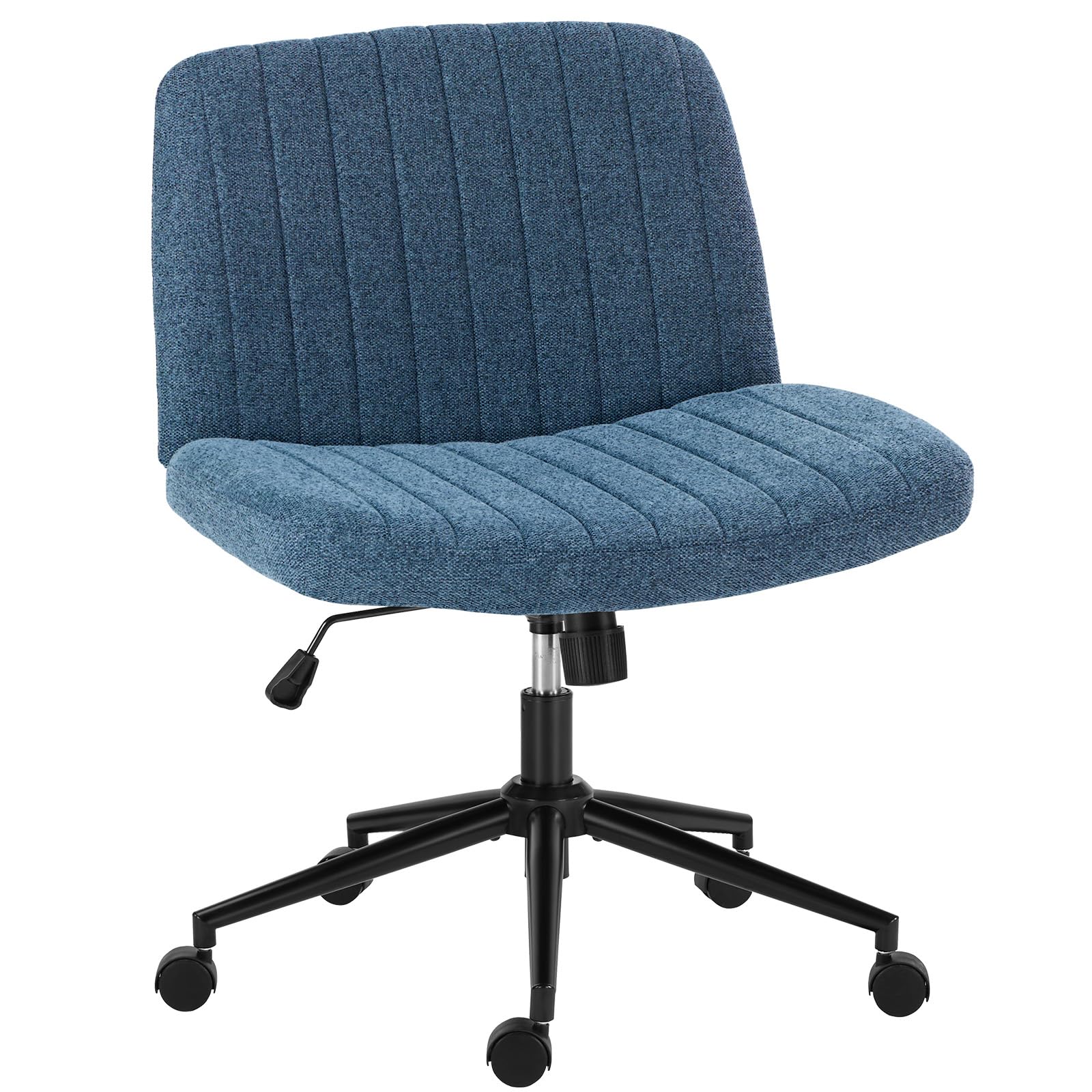 Criss Cross Chair with Wheels Wide Cross Legged Office Desk Vanity Chair Comfy Fabric Armless Height Adjustable Swivel for Home Computer Task Blue