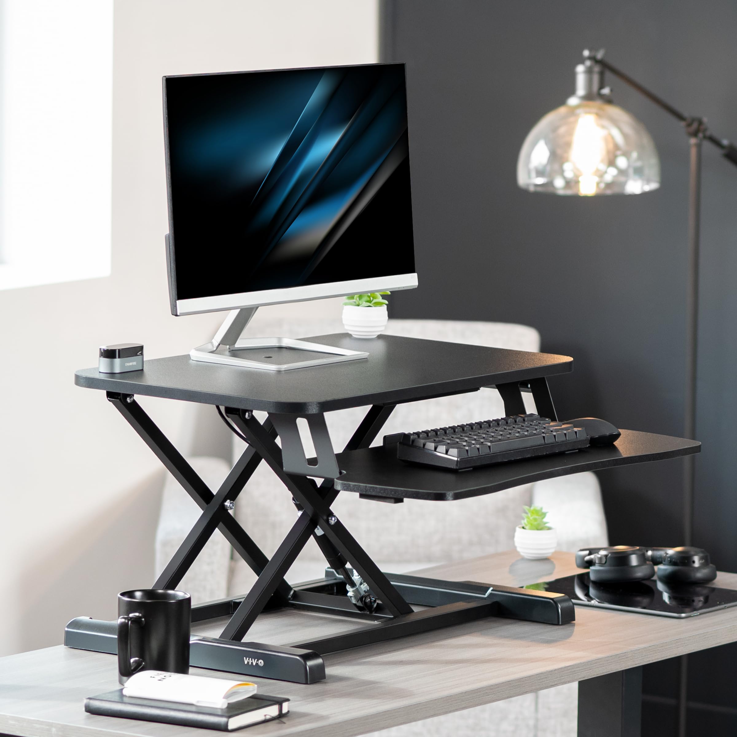 26 inch Desk Converter, K Series, Height Adjustable Sit to Stand Riser, Dual Monitor and Laptop Workstation with Keyboard Tray, Black, DESK-V026KB
