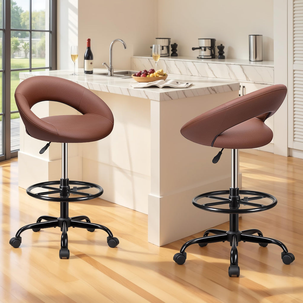 Drafting Chair with Back, Height Adjustable Rolling Stool with Foot Rest, Tall 360° Swivel Stool PU Leather Chair with Wheels for Home Office, Standing Desk, Brown
