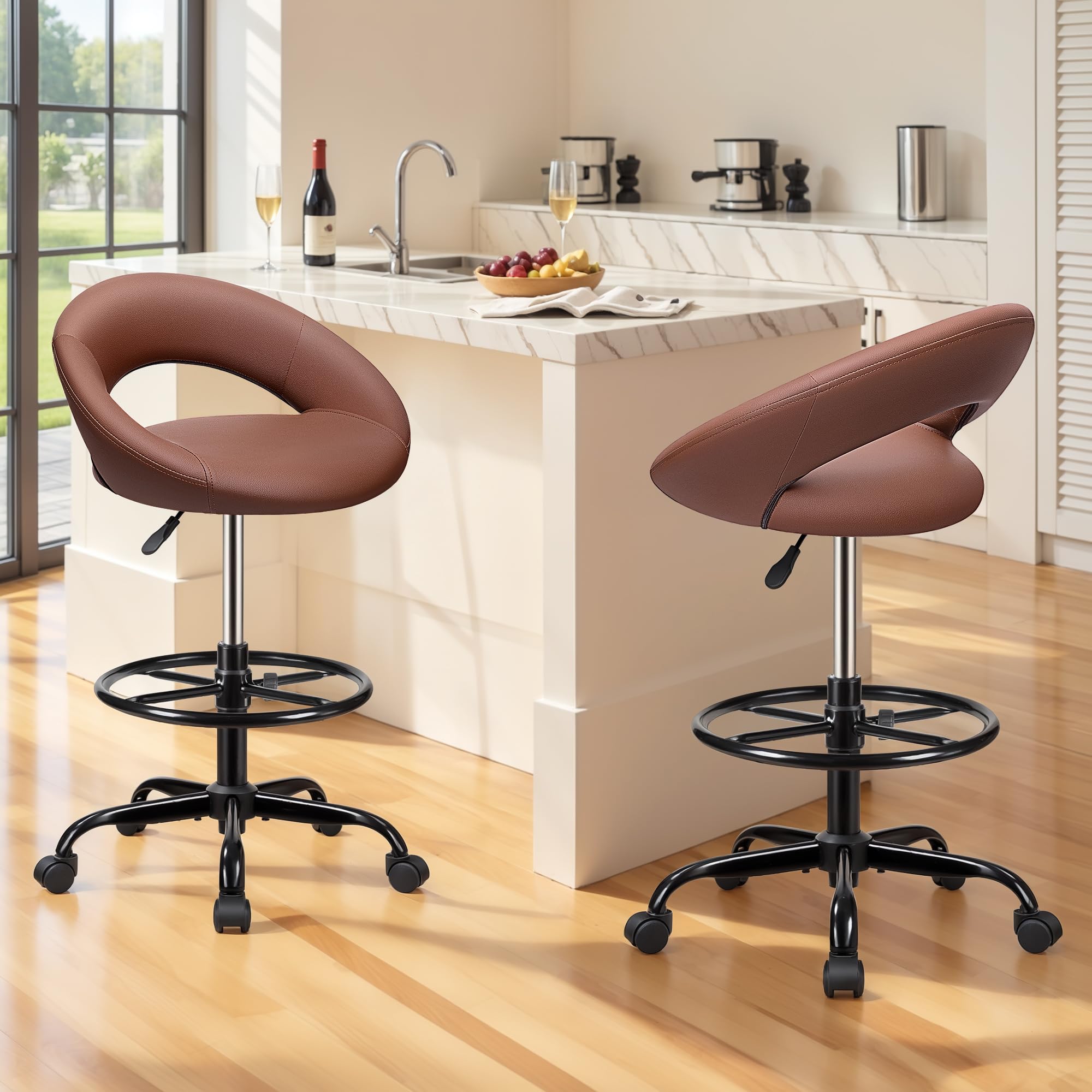 Brown 2 Pack, Drafting Chair with Back, Height Adjustable Rolling Stool with Foot Rest, Tall 360° Swivel Stool PU Leather Chair with Wheels for Home Office, Standing Desk