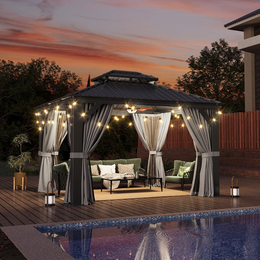 10' X 12' Hardtop Gazebo with Drainage System, Aluminum Outdoor Gazebo with Galvanized Steel Double Roof, Patio Permanent Metal Pavilion with Netting, for Garden, Deck, Grey