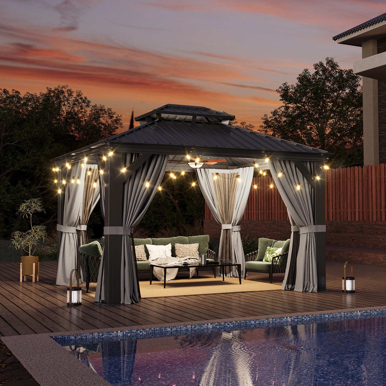 10' X 12' Hardtop Gazebo with Drainage System, Aluminum Outdoor Gazebo with Galvanized Steel Double Roof, Patio Permanent Metal Pavilion with Netting, for Garden, Deck, Grey
