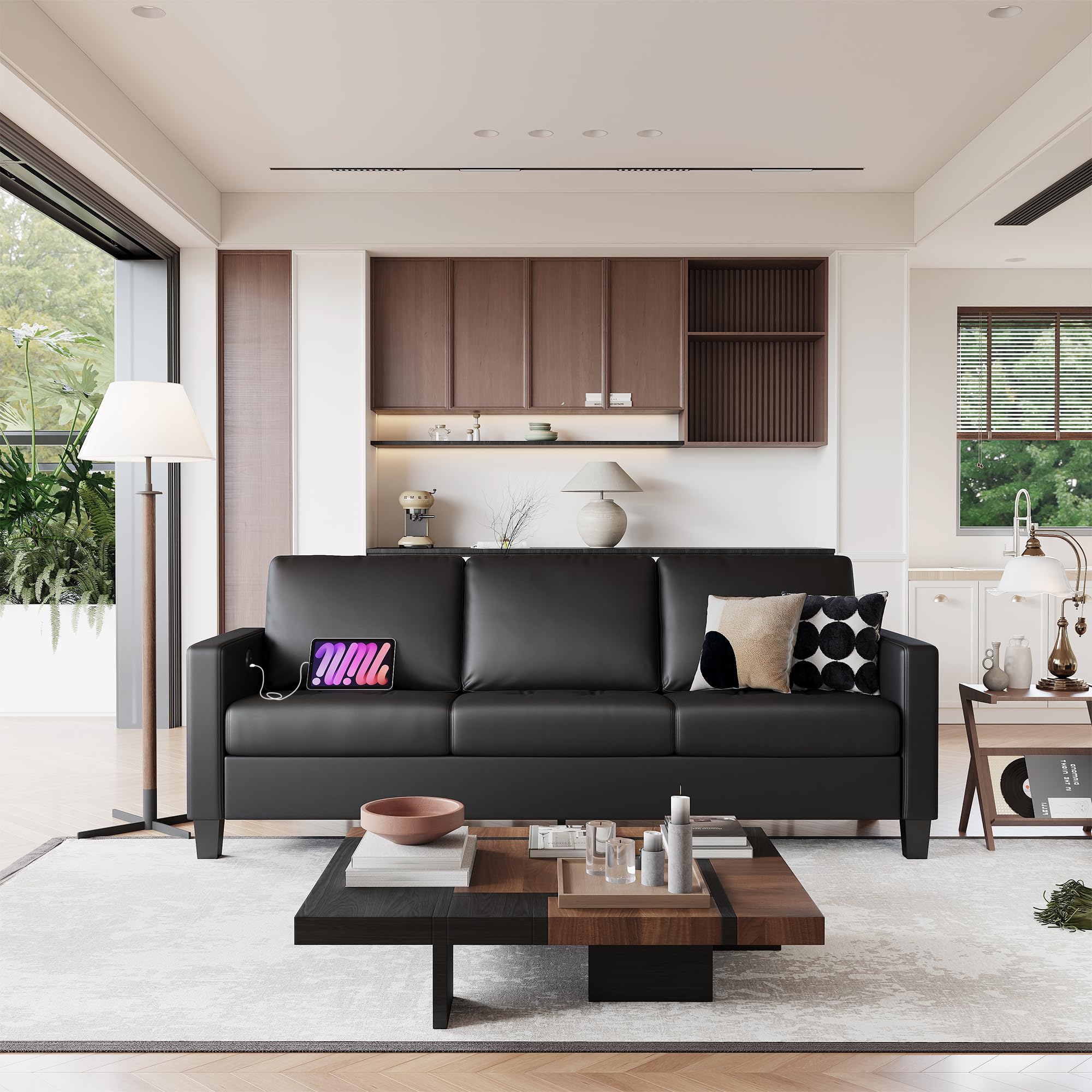 73” Black Faux Leather Couch, Modern Comfy Office 3 Seater Sofa Couch with Tufted Armrest and USB, Small Loveseat Couches for Living Room, Apartment, Bedroom