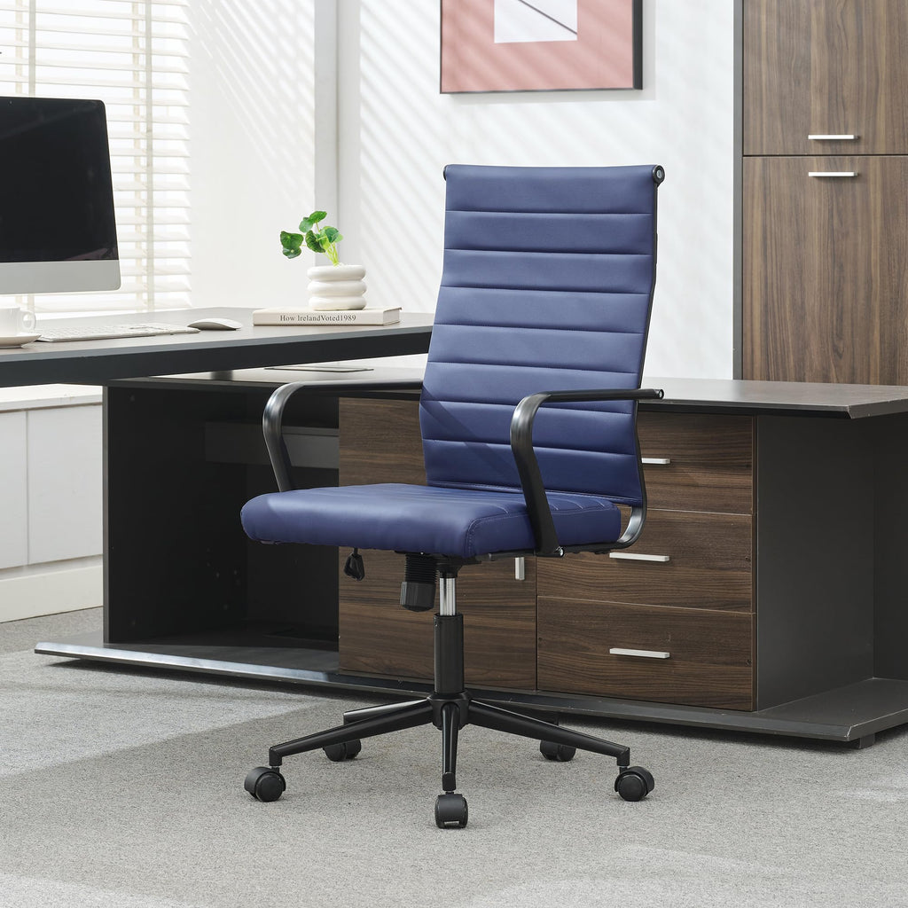 Blue Leather Office Desk Chair, Conference Room Chairs Executive Chair Ribbed, Ergonomic Height Adjustable Swivel Rolling Chair for Home Office.
