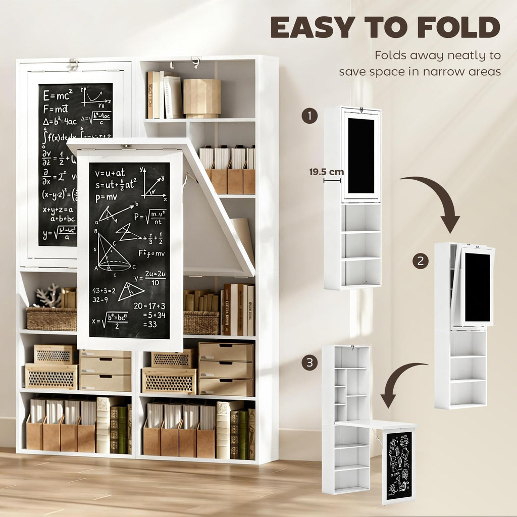 Foldable Convertible Writing Table, Wall Mounted Space-Saving Computer Desk with Chalkboard and Storage Shelves for Small Spaces, Home Office, Bedroom, Dorm, Apartment, White