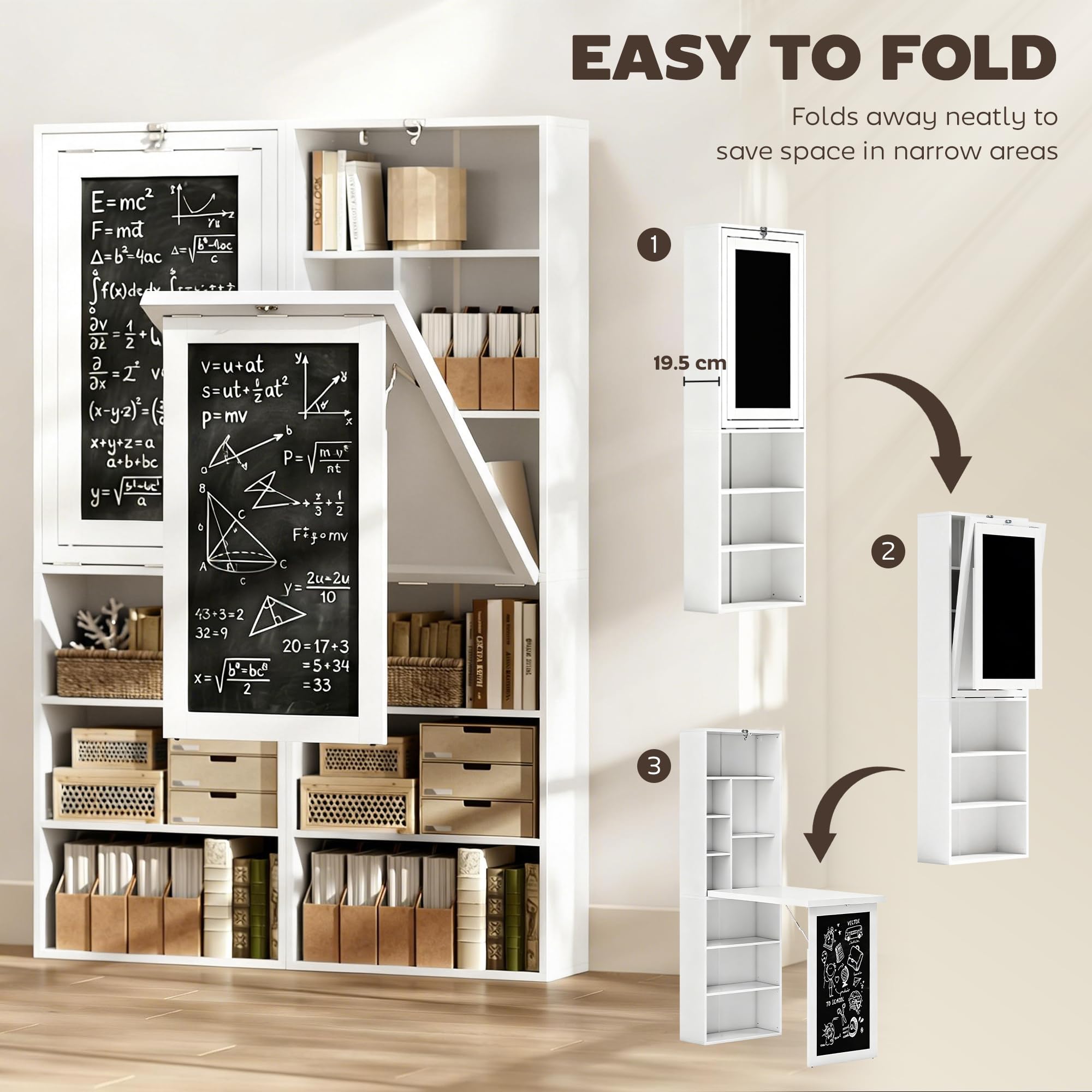 Foldable Convertible Writing Table, Wall Mounted Space-Saving Computer Desk with Chalkboard and Storage Shelves for Small Spaces, Home Office, Bedroom, Dorm, Apartment, White