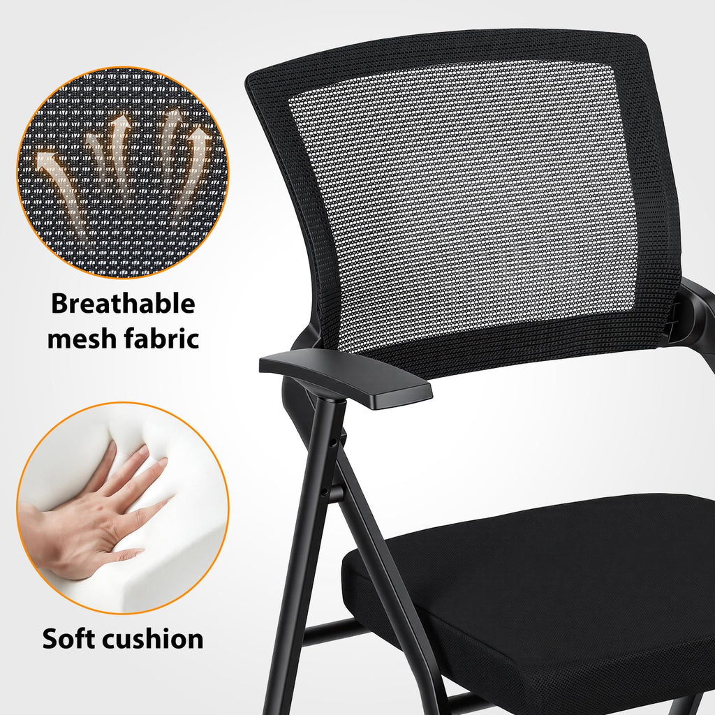 6PCS Ergonomic Foldable Office Chair with Breathable Mesh Back, Stackable Conference Chair - PU Wheels & Armrest for Guest, Meeting, Reception, Black