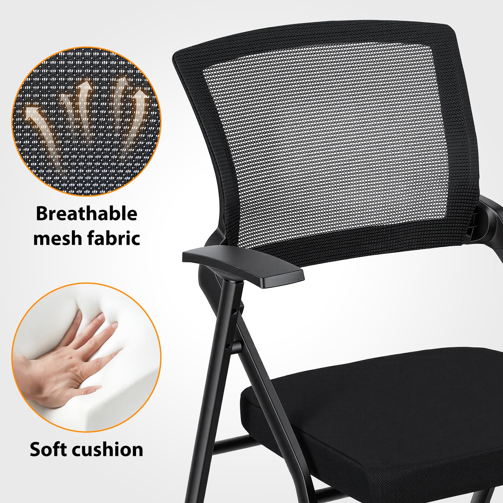 6PCS Ergonomic Foldable Office Chair with Breathable Mesh Back, Stackable Conference Chair - PU Wheels & Armrest for Guest, Meeting, Reception, Black