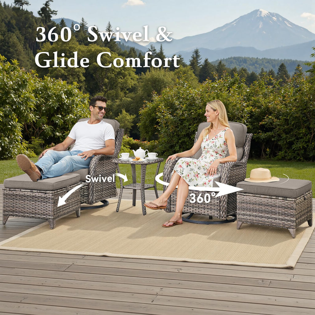 Luxury 6" Thick Cushioned 5 Pieces Patio Furniture Set with 2 Ottomans, Wicker Outdoor Conversation Set with High Back Swivel Rocker Patio Chairs for Deck Porch Yard and Poolside - Grey+Grey