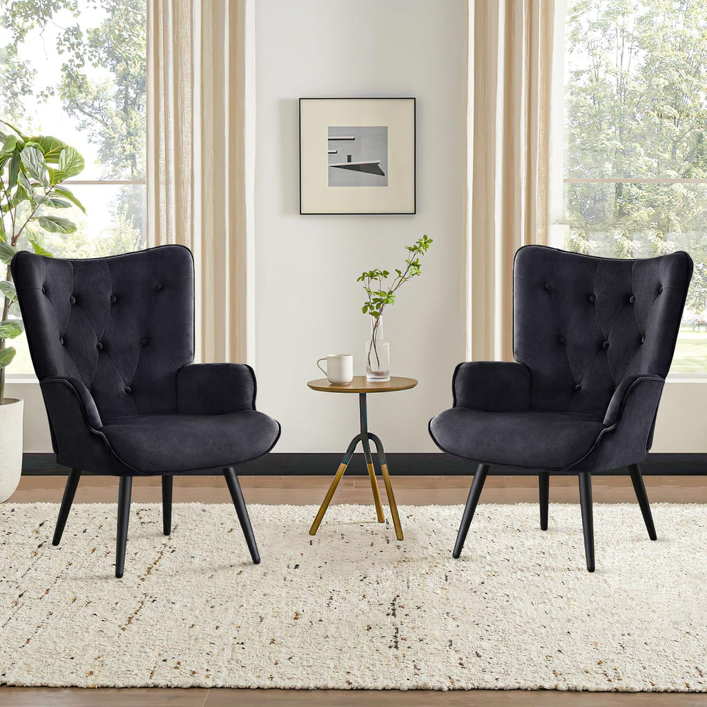 Boucle Accent Chair for Living Room, Upholstered Reading Chair with High Backrest, Tufted-Button Wingback Armchair for Bedroom, Dressing Room, Home Office, Black