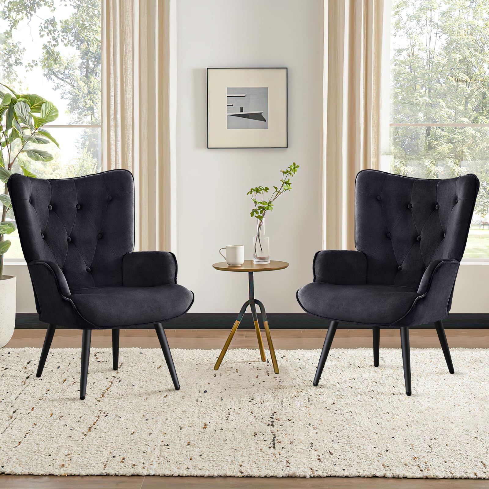 Boucle Accent Chair for Living Room, Upholstered Reading Chair with High Backrest, Tufted-Button Wingback Armchair for Bedroom, Dressing Room, Home Office, Black