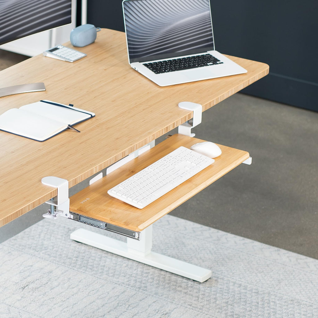 Large Clamp-on Computer Keyboard and Mouse Under Desk Slider Tray, 27 x 11 inch Pull Out Platform Drawer, Bamboo, MOUNT-KB05O