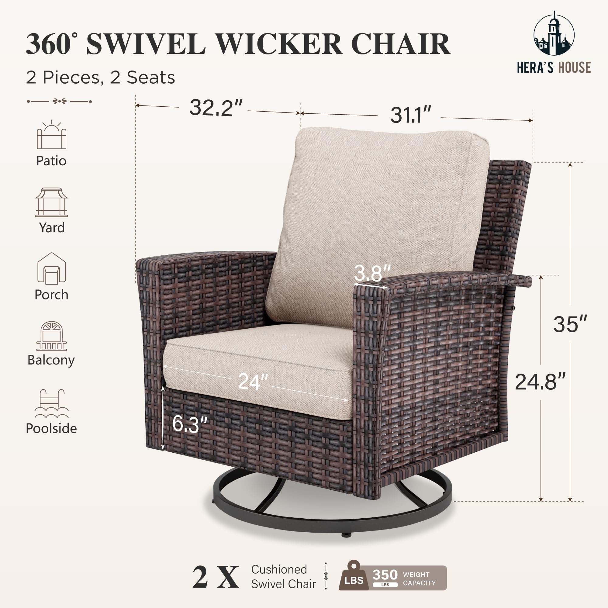 Outdoor Furniture, 2 x High Back Swivel Patio Chairs with 5.5" Cushions Wicker Rattan Deck Balcony Porch Furniture, Beige