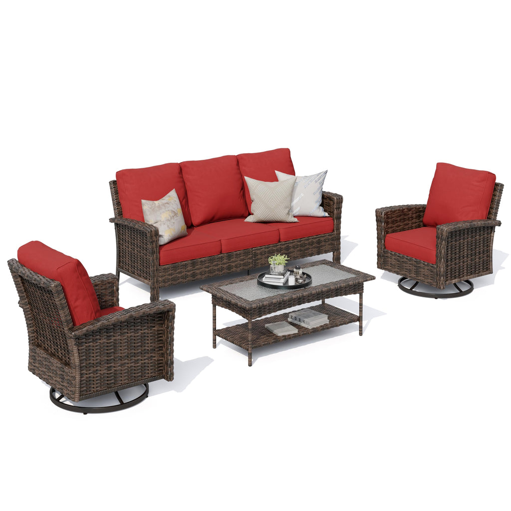 Red Patio Furniture Set, 35" High Back Swivel Chairs with 5.5" Waterproof Cushions, 4 Pieces Wicker Rattan Outdoor Conversation Sofa Sets for Deck Lawn Yard