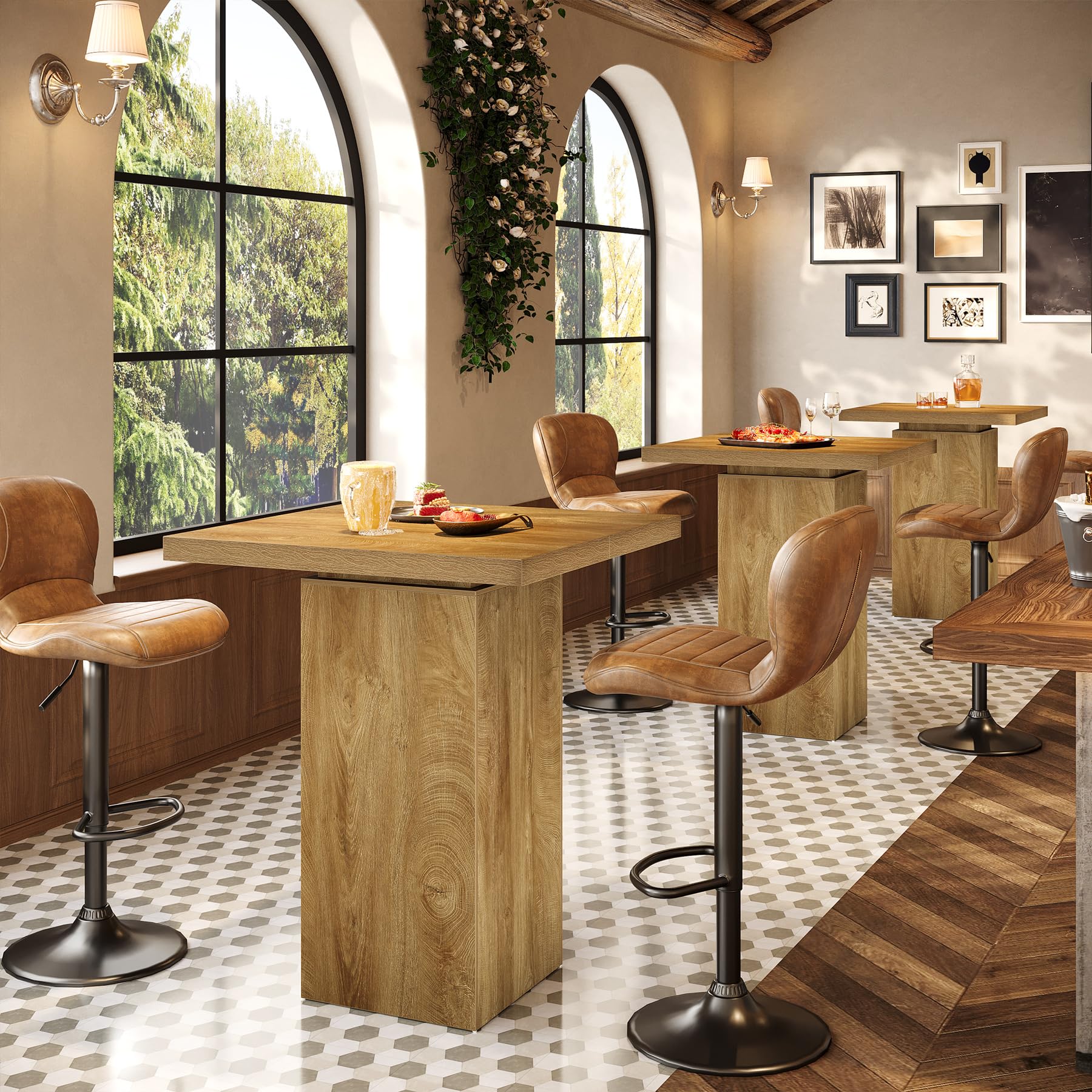 Square Bar Table, 39.4" H Industrial High Top Bistro Pub Cocktail Table, Small Counter Height Dining Table for Kitchen Nook, Home Bar, Coffee Corner, Natural Oak