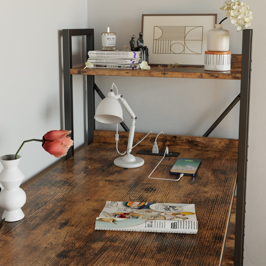 Computer Desk 55" with Power Outlet and Storage Shelves, Study Writing Table with USB Ports Charging Station, PC Desk Workstation for Home Office, Rustic Brown