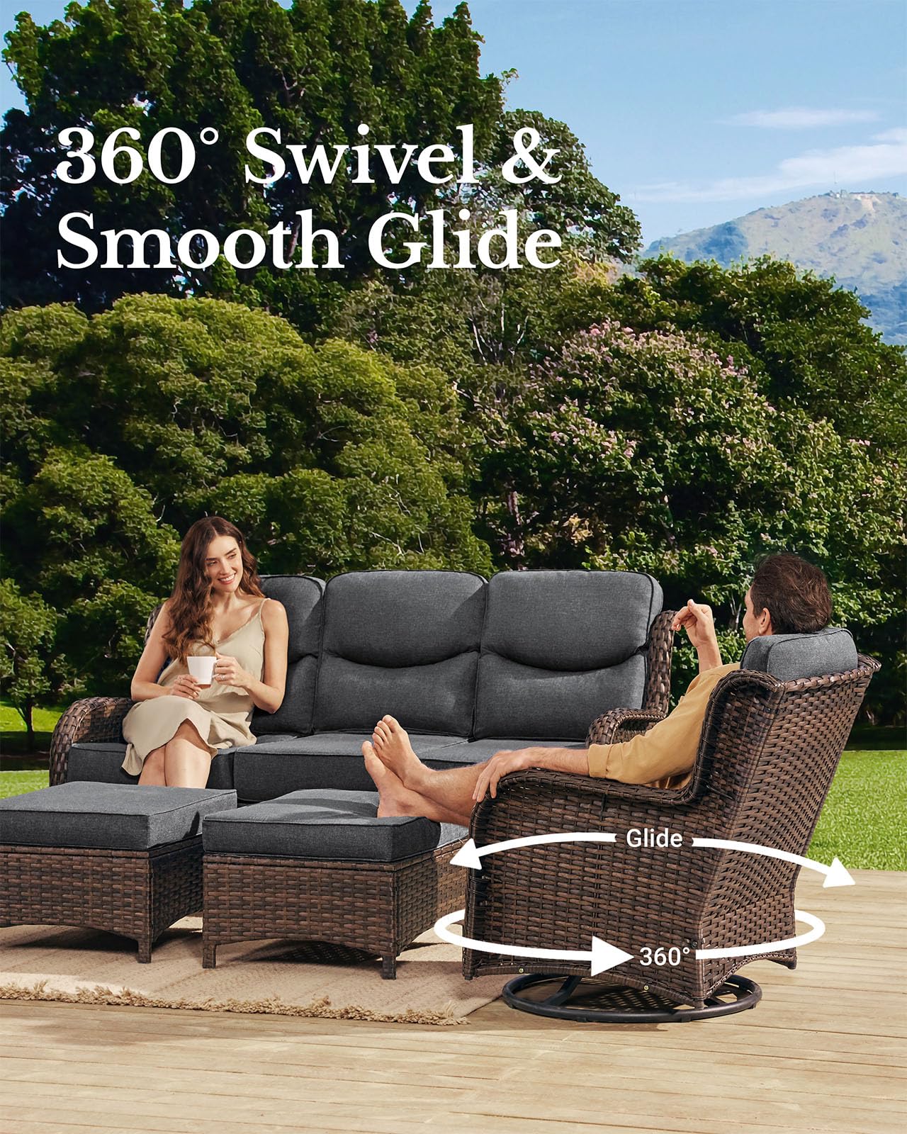 Luxury Patio Furniture Set with 6-inch Thick Cushion, Outdoor Couch and High Back Swivel Rocker Patio Chairs, 8PCS Wicker Conversation Set for Deck Yard and Poolside, Dark Grey (V2)