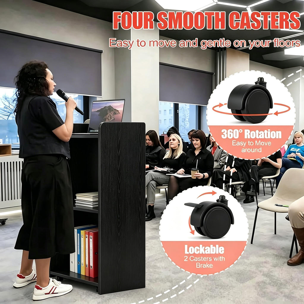 Podium Stand - Portable Podium Stand with 4 Rolling Wheels, Pulpits for Churches with Adjustable Shelf, Hostess Stand, Mobile Teacher lecterns & podiums for Church, Classroom, Office (Black)