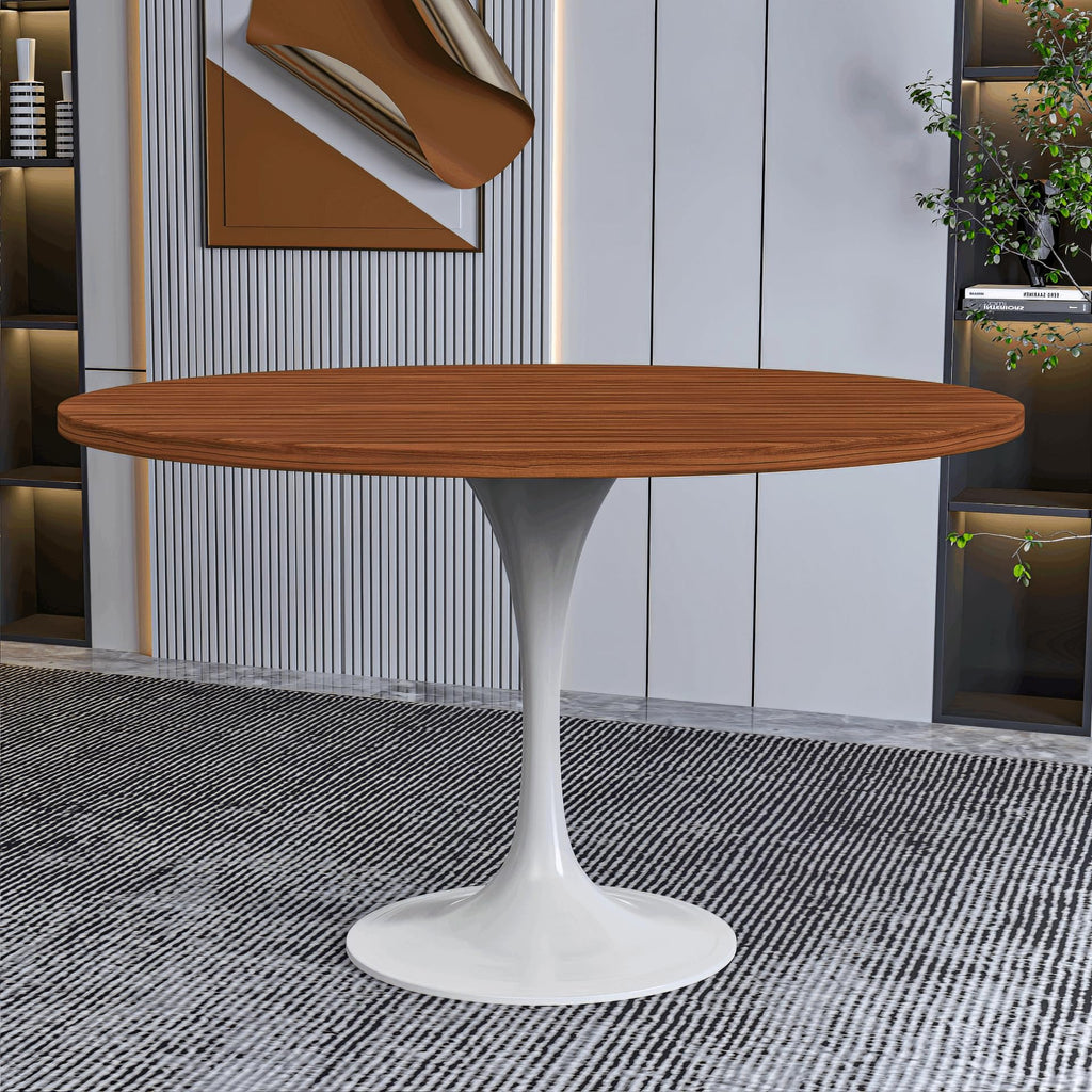 Mid-Century Modern 48 Inch Round Dining Table, MDF Wood Tabletop with White Steel Pedestal Base, Large Pedestal Kitchen & Dining Room Table, Breakfast Nook Table (Cognac Brown)