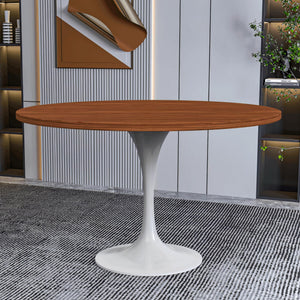 Mid-Century Modern 48 Inch Round Dining Table, MDF Wood Tabletop with White Steel Pedestal Base, Large Pedestal Kitchen & Dining Room Table, Breakfast Nook Table (Cognac Brown)