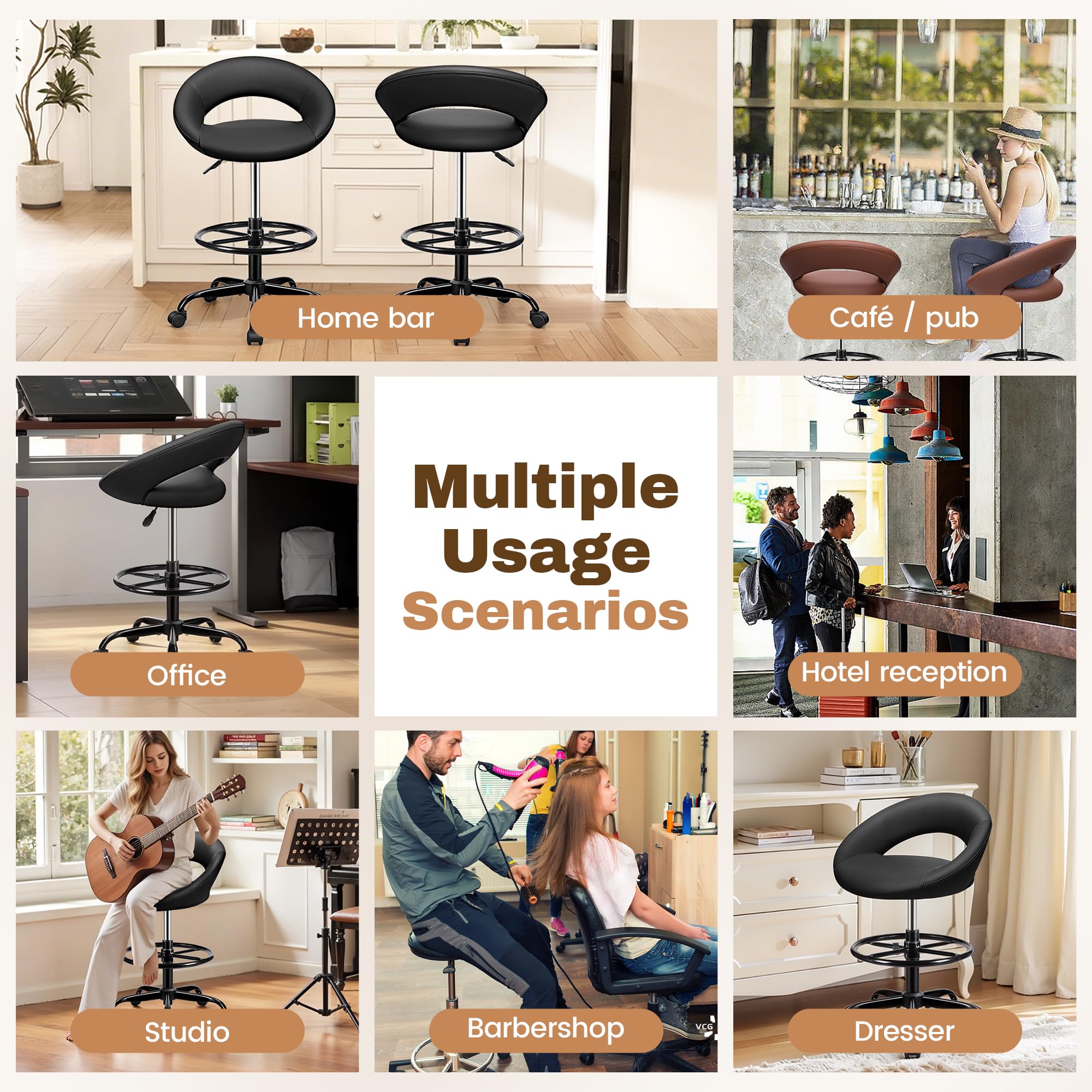 Office Drafting Chair - Bar Stools with Back Support, Adjustable Foot Rest and Wheels, Shop Rolling Swivel Chair for Standing Desk Counter Kitchen Salon Home Vanity, Black