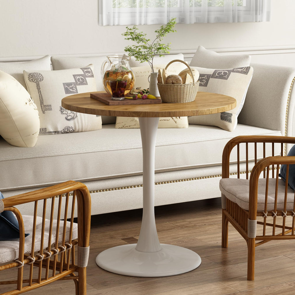 Round Dining Table 30" Circle Tulip Table with Wood Thickened Tabletop & Sturdy Metal Pedestal Mid Century Modern Leisure Bistro Kitchen Tables 4 People Small Places Living Room Cafe,Oak