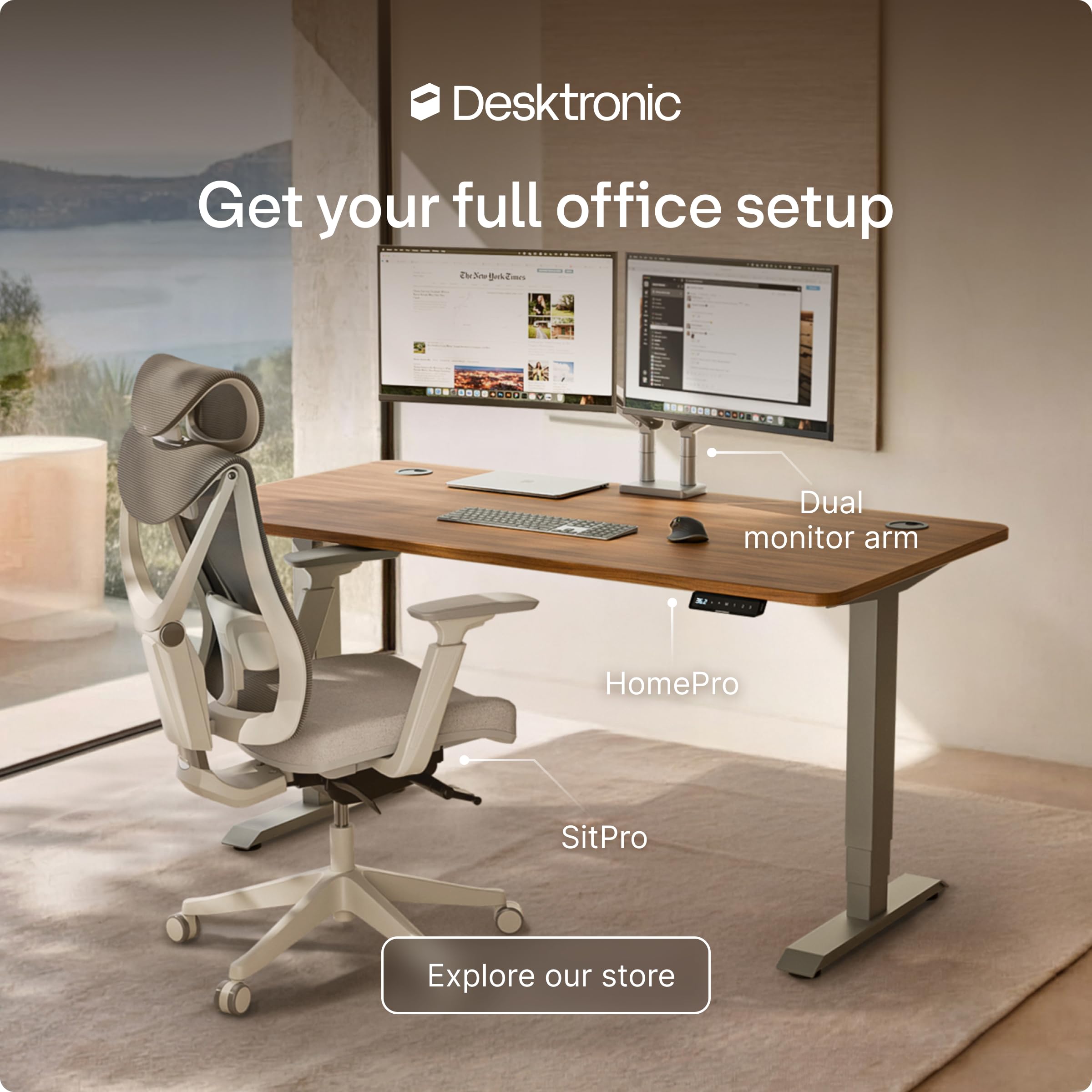 HomePro Standing Desk 70x30 — Made in Europe, Ergonomic Sit Stand Home Office Desk, Electric Height Adjustable, Dual Motor, USB & USB-C Charging, Wobble-Free, Touchscreen, 3 Memory Presets
